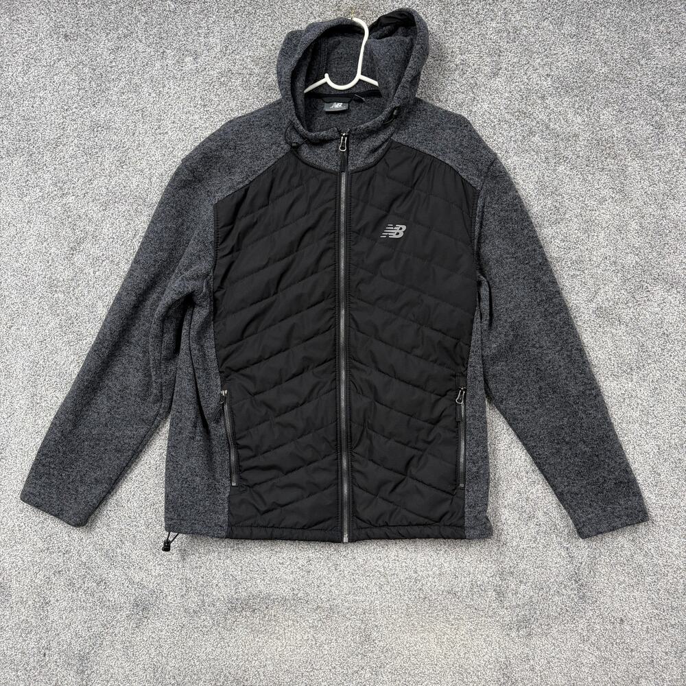 New Balance Jacket Mens Large Gray Black Hooded Fleece Full Zip Quilted Outdoor